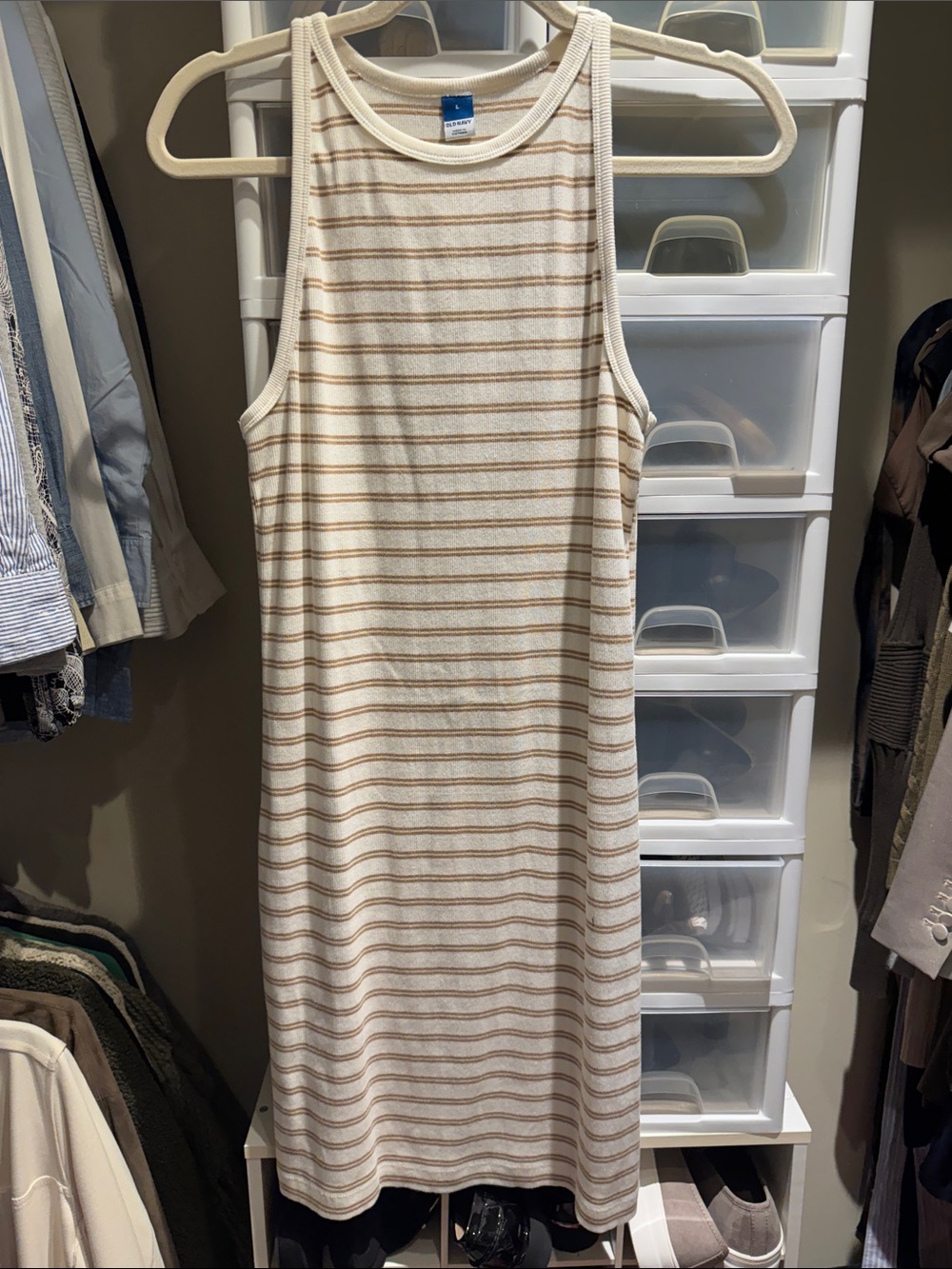 Old Navy Cream Dress with Tan Stripes Midi